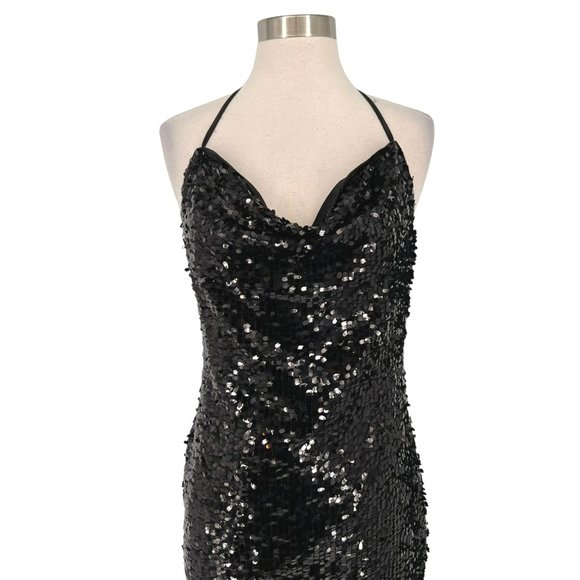 Alythea Champagne Poppin Sequin Cowl Neck Mini Dress Black Size Small NWT - Picture 2 of 11